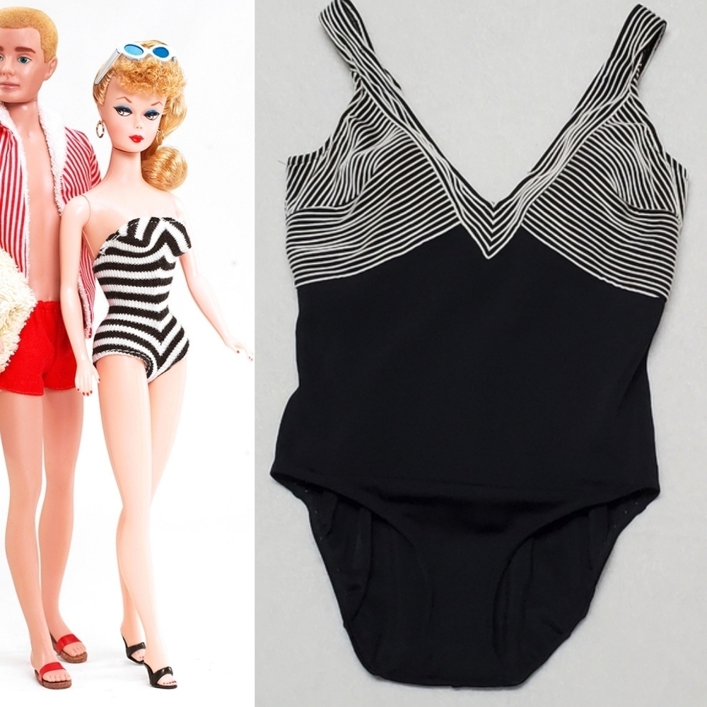 𝅺Vintage 60s Rose Marie Reid Doladio Black White Ribbed One-Piece Swimsuit 16